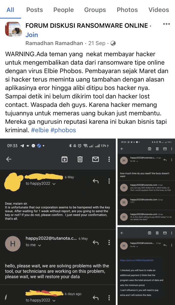 Korban ransomware yang ditipu oleh hacker pasca membayar. Ransomware victims who does not get key after paying ransom of ALLOCK20